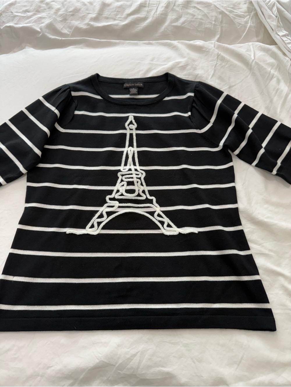 Carolyn Taylor Black & White Striped Sweater with Eiffel Tower Detail